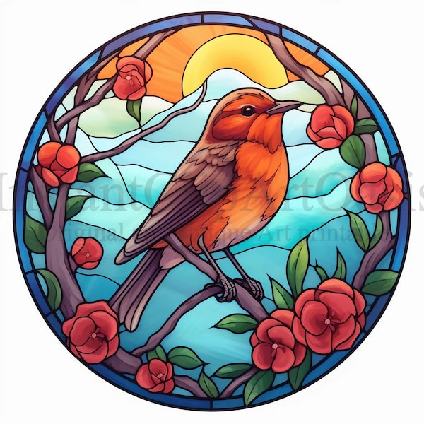 Stained Glass Robin, 10 High Quality JPGs, Stained Glass, Digital Download | Card Making, Bird Clipart, Paper Craft | #666