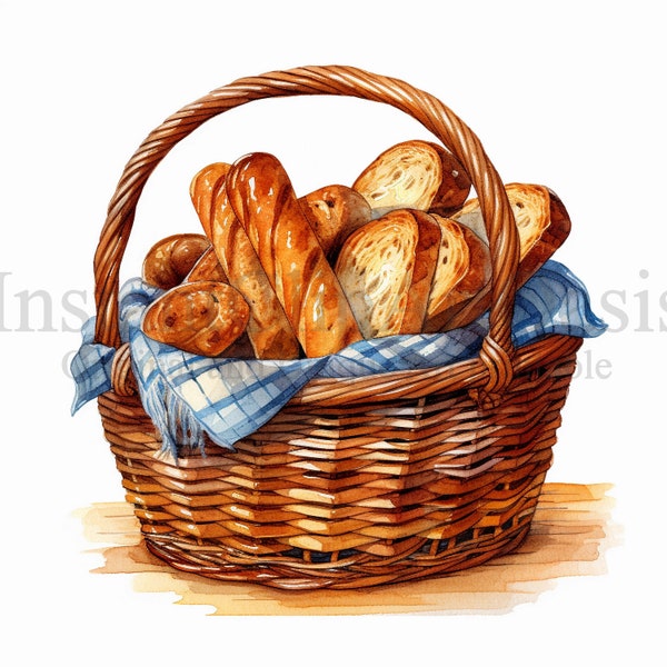 Bread Basket Clipart, 10 High Quality JPGs, Junk Journaling, Digital Planner, Wall Art, Digital Paper Craft, Watercolor | #614