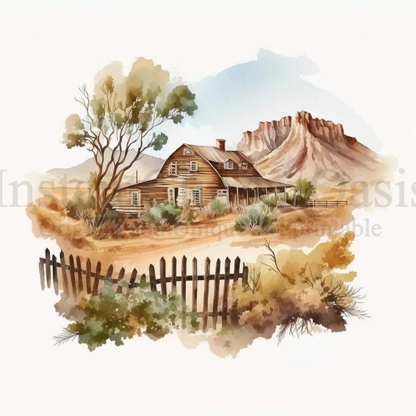 Old West Landscape Clipart, 10 High Quality JPGs, Watercolor Art, Digital Download, Card Making, Mixed Media, Digital Paper Craft | #100