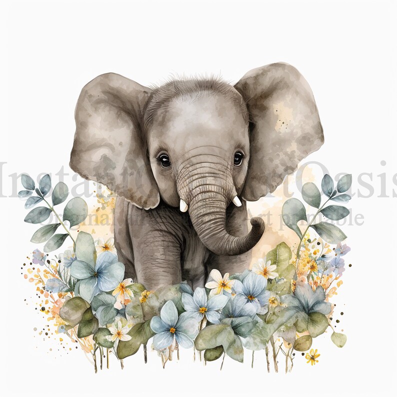 Pu&ograve; includere: Un dipinto ad acquerello di un elefante bambino in piedi in un campo di fiori blu e gialli. L'elefante ha grandi orecchie e una proboscide.