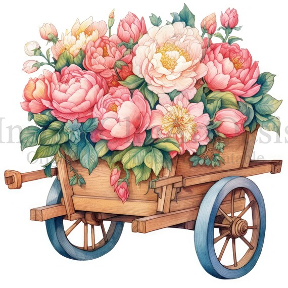 Peonies Wheelbarrows Clipart, 10 High Quality JPGs, Floral Art, Instant Digital Download | Card Making, Digital Paper Craft | #739