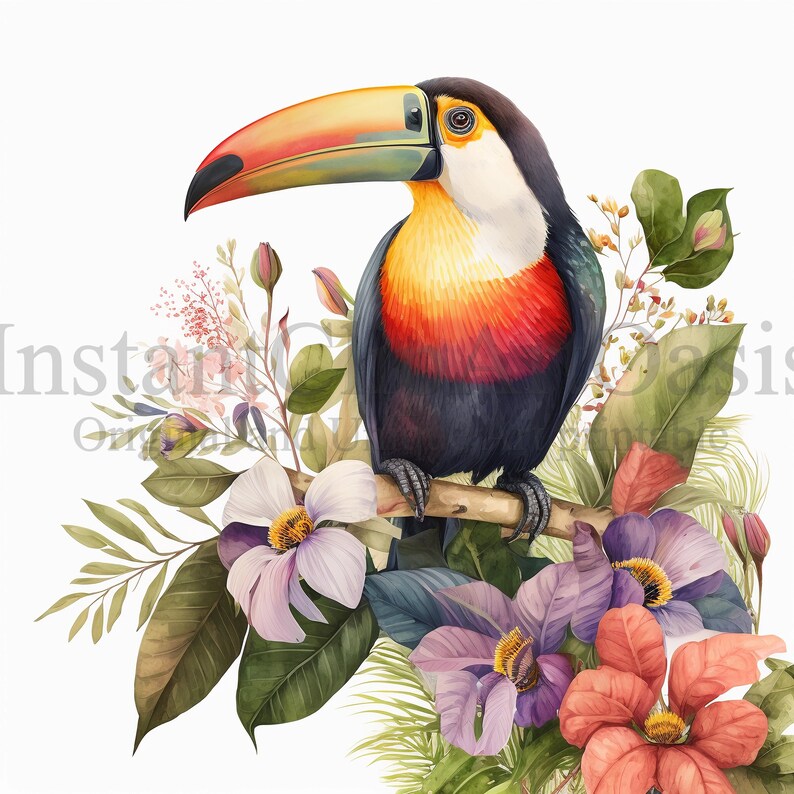 May include: A toucan with a bright orange, yellow, and red beak perched on a branch with lush green leaves and pink, purple, and red flowers.