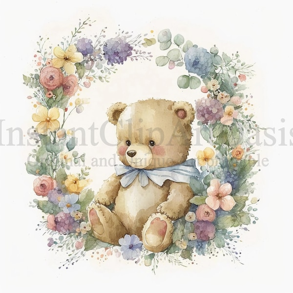 Teddy Bears Flower Wreath Clipart, 10 High Quality JPGs, Nursery Art, Digital Download | Card Making, Cute Clipart, Digital Paper Craft #249