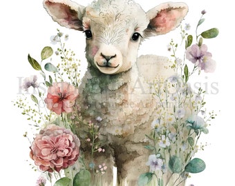 Floral Lamb Clipart, 10 High Quality PNGs, Nursery Art, Digital Planner, Watercolor, Card Making, Journaling, Digital Download | #409
