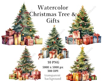 Christmas Tree & Gifts Clipart, 10 High Quality PNGs, Christmas Tree Clipart, Card Making, Journaling, Digital Download | #922