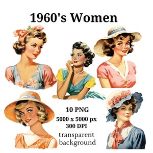 1960 Women Clipart, 10 PNG di alta qualità, Junk Journal, Digital Planner, Acquerello, Scrapbooks, Wall Art, AI, Download digitale / #1010