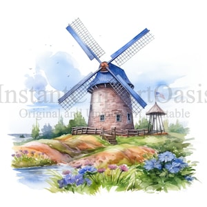 Clipart del mulino a vento dell'acquerello, 11 JPG di alta qualità, Arte dell'acquerello, Download digitale, Creazione di carte, Media misti, Mestiere di carta digitale / #850
