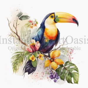 May include: A watercolor painting of a toucan perched on a branch with tropical flowers and leaves. The toucan has a bright yellow beak with a red tip and blue and orange feathers. The flowers are pink, yellow, and orange.
