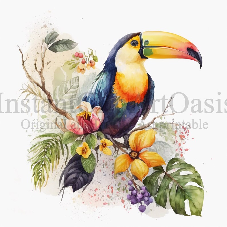 May include: A watercolor painting of a toucan perched on a branch with tropical flowers and leaves. The toucan has a bright yellow beak with a red tip and blue and orange feathers. The flowers are pink, yellow, and orange.