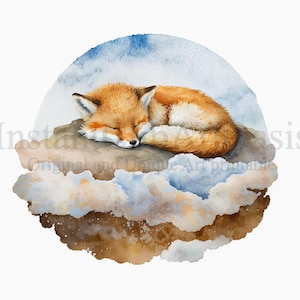 Sleeping Fox Clipart, 10 High Quality JPGs, Nursery Art, Digital Planner, Watercolor, Card Making, Journaling, Digital Download | #135