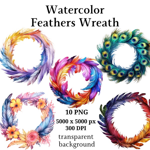 Feathers Wreath Clipart, 10 High Quality PNGs, Botanical Art | Card Making, Digital Paper Craft, Watercolour Painting | #1118