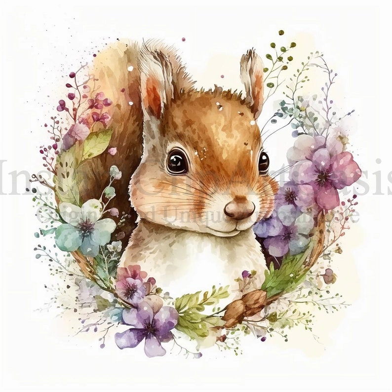 Floral Squirrels Clipart, 10 High Quality JPGs, Nursery Art, Digital Planner, Watercolor, Card Making, Journaling, Digital Download | #85 image 1