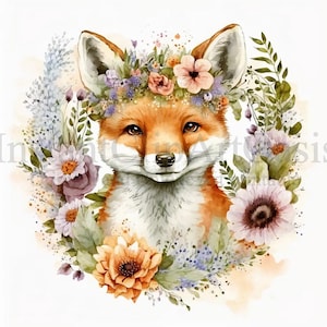 Clipart di volpi floreali, 10 JPG di alta qualità, Nursery Art / Card Making, Clip Art, Cute Fox, Digital Paper Craft, Acquerello Pittura #80