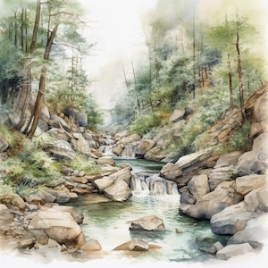 Mountain Creeks ClipArt, 10 JPG de alta calidad, Arte de acuarela, Descarga digital, Creación de tarjetas, Técnica mixta, Artesanía de papel digital / #396