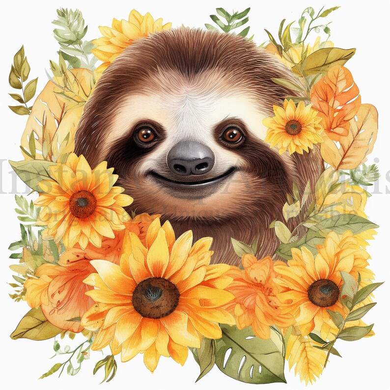 Sunflower Sloth Clipart, 10 High Quality JPGs, Nursery Art, Digital Planner, Watercolor, Card Making, Journaling, Digital Download 551 image 9