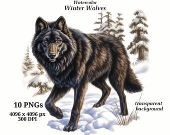Winter Wolves Clipart, 10 High Quality PNGs, Digital Download, Card Making, Animal Clipart, Digital Paper Craft | #1397