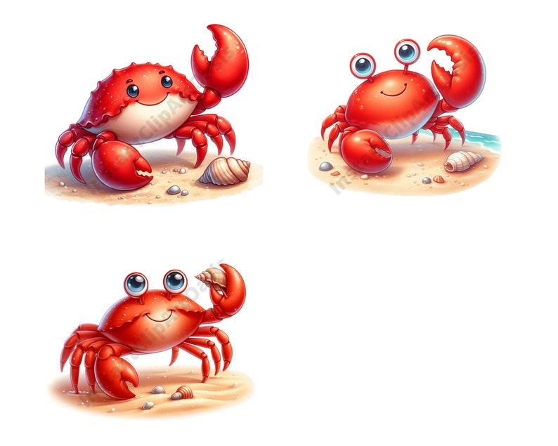 May include: Three cartoon crabs with red shells and blue eyes on a white background. The crabs are on a sandy beach with seashells. One crab is holding a seashell in its claw. Another crab is smiling with its claws raised. The third crab is smiling with its claws down.