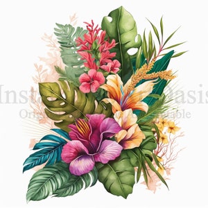 Imágenes Prediseñadas de flores tropicales, 10 JPG de alta calidad, arte botánico, descarga digital, fabricación de tarjetas, diario, arte de papel digital #391