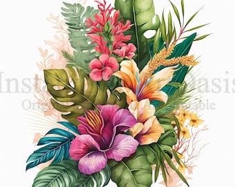 Tropical Flowers Clipart, 10 High Quality JPGs, Botanical Art, Digital Download, Card Making, Journaling, Digital Paper Craft #391
