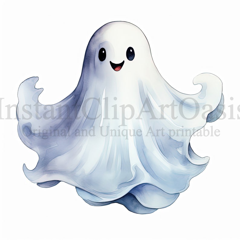 May include: A cartoon ghost with a white sheet and a big smile. The ghost has large black eyes and a red mouth. The ghost is floating in the air with its arms outstretched.