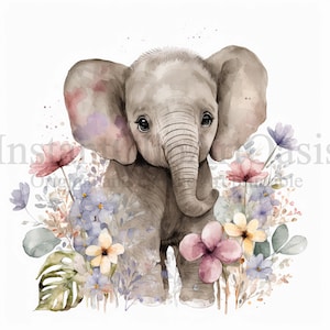Pu&ograve; includere: Un dipinto ad acquerello di un elefante bambino con grandi orecchie e una proboscide, circondato da fiori rosa, viola e gialli. L'elefante &egrave; in piedi in un campo di fiori.