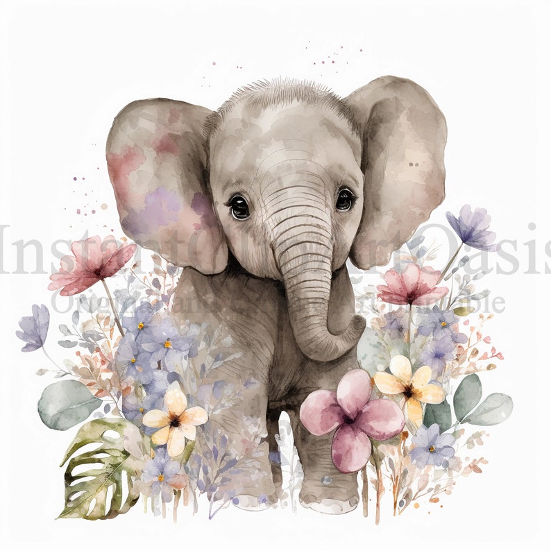 Pu&ograve; includere: Un dipinto ad acquerello di un elefante bambino con grandi orecchie e una proboscide, circondato da fiori rosa, viola e gialli. L'elefante &egrave; in piedi in un campo di fiori.