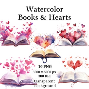Books & Hearts Clipart, 10 hoogwaardige PNG's, digitale planners, ongewenste tijdschriften, digitale download, geheugenboeken, plakboeken #1062