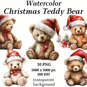 Christmas Teddy Bear Clipart, 10 High Quality PNGs, Digital Download, Card Making, Teddy Bear & Santa Hat, Printable Graphics #1215