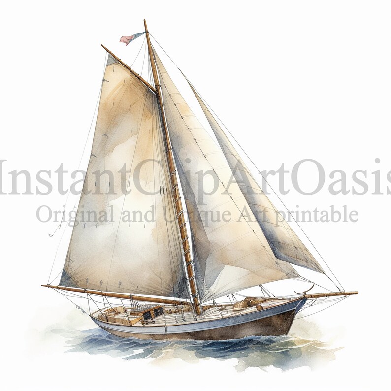 K&ouml;nnte beinhalten: Ein Aquarellbild eines Holzsegelboots mit einem wei&szlig;en Segel und einem braunen Rumpf. Das Segelboot segelt auf einem blauen Gew&auml;sser.