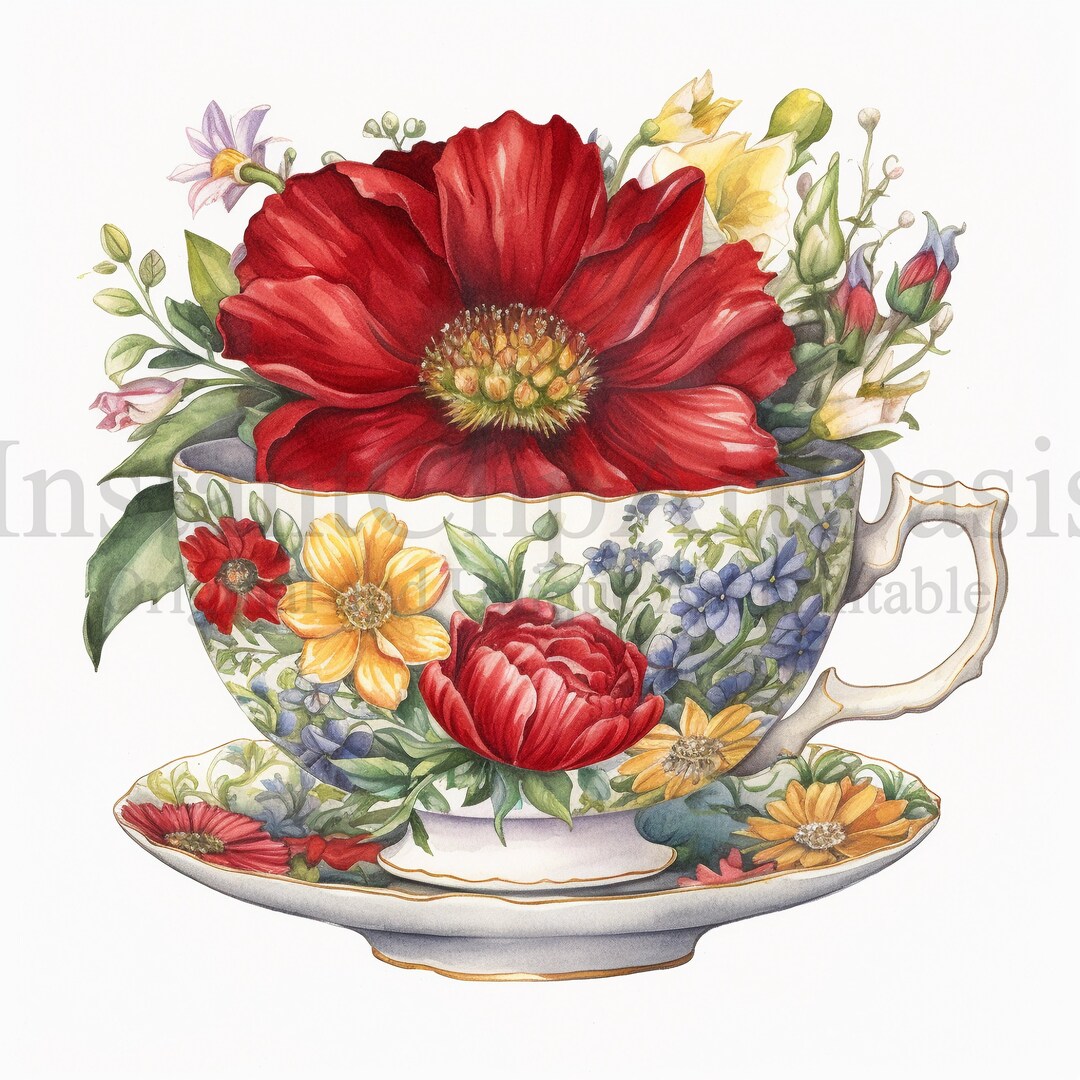 Floral Tea Cup Clipart, 10 High Quality Jpgs, Art, Instant Digital