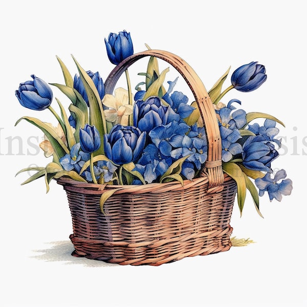 Blue Tulips Basket Clipart, 10 JPG de haute qualité, Junk Journaling, Digital Planner, Wall Art, Digital Paper Craft, Aquarelle | #606