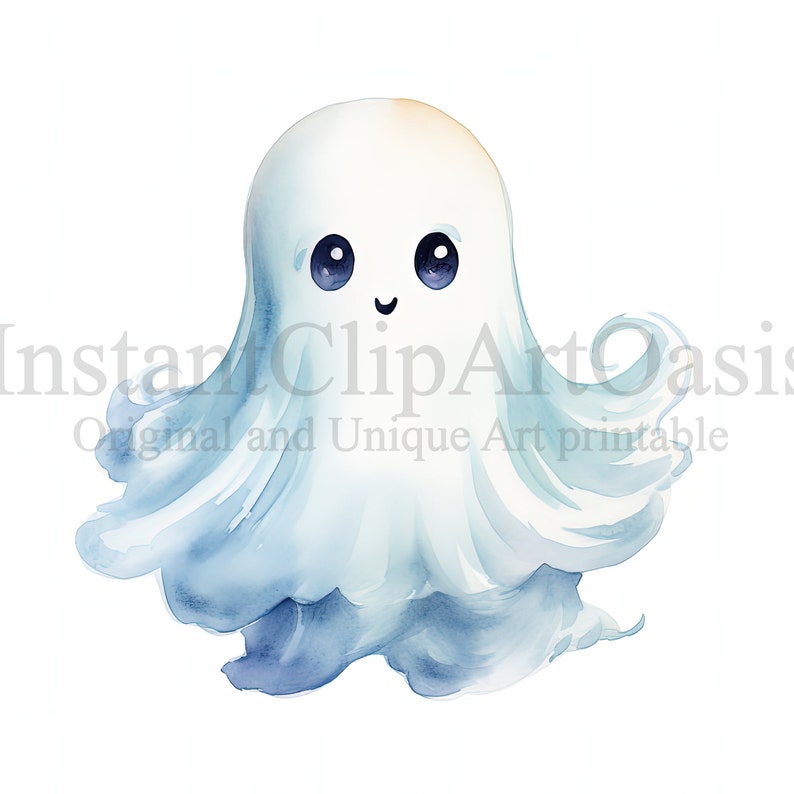 May include: A watercolor illustration of a cute, blue and white ghost with big eyes and a happy expression. The ghost has a flowing, wispy shape.