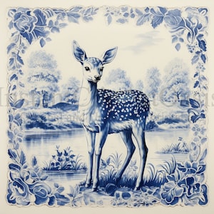 Blue Delft Fawn Clipart - 10 JPG de alta calidad, azulejo holandés, ilustración vintage, fabricación de tarjetas, imágenes prediseñadas de cervatillo, artesanía de papel digital / #1280