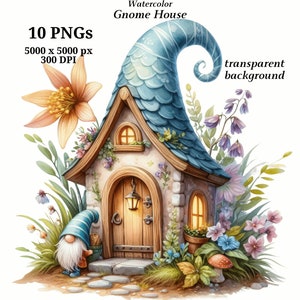 Gnome House Clipart, 10 High Quality PNGs, Nursery Art, Digital Download | Card Making, Cute Gnome Clipart, Digital Paper Craft | #1419
