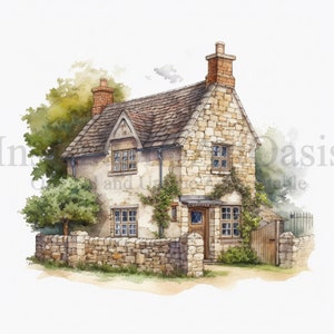 May include: A watercolor painting of a stone cottage with a brown wooden door and windows. The cottage has a brown roof and a stone wall surrounding it. There are green trees and bushes around the cottage.