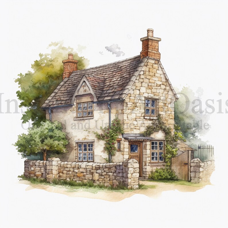 May include: A watercolor painting of a stone cottage with a brown wooden door and windows. The cottage has a brown roof and a stone wall surrounding it. There are green trees and bushes around the cottage.