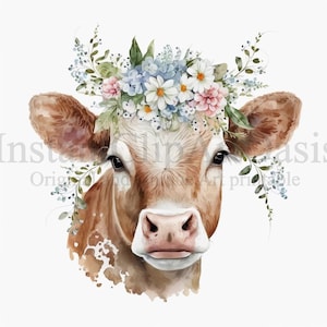Clipart vache et fleurs, 10 JPG de haute qualité, Art de la pépinière | Fabrication de cartes, Clip Art, Vache mignonne, Artisanat en papier numérique, Peinture à l&#39;aquarelle #54