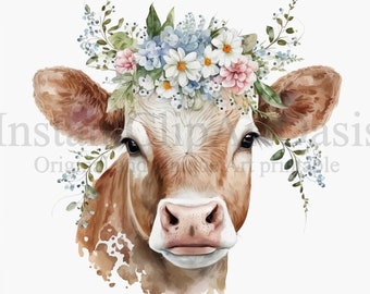 Cow & Flowers Clipart, 10 High Quality JPGs, Nursery Art | Card Making, Clip Art, Cute Cow, Digital Paper Craft, Watercolour Painting #54