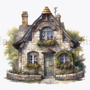 May include: A stone cottage with a steeply pitched roof, a small front door, and two windows. The cottage is surrounded by a stone wall and lush greenery.