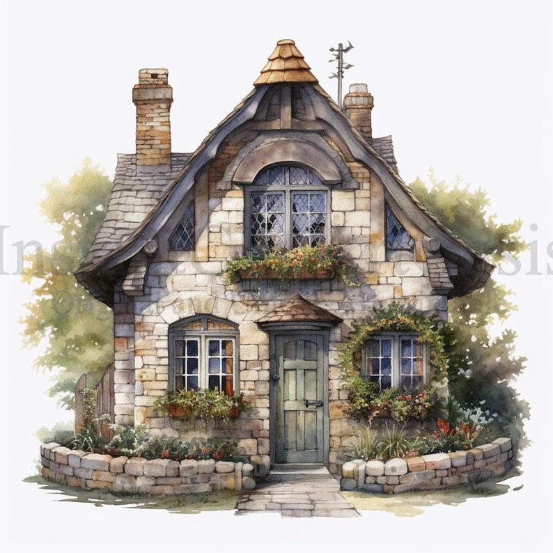 May include: A stone cottage with a steeply pitched roof, a small front door, and two windows. The cottage is surrounded by a stone wall and lush greenery.