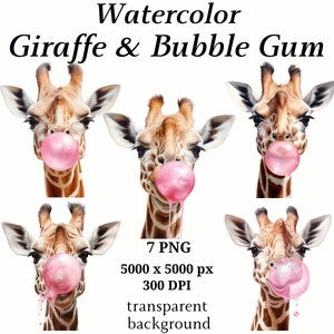 Giraffe & Bubble Gum Clipart - 7 PNG de haute qualité, téléchargement numérique, fabrication de cartes, girafe Clipart, Paper Craft, Monkeys Images | #1203