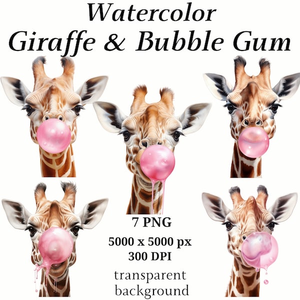 Giraffe & Bubble Gum Clipart - 7 High Quality PNGs, Digital Download, Card Making, Giraffe Clipart, Paper Craft, Monkeys Images | #1203