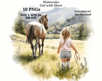 Girl & Horse Clipart, 10 High Quality PNGs transparent background, Digital Download, Card Making, Cute Animal Clipart, Digital Paper #1393