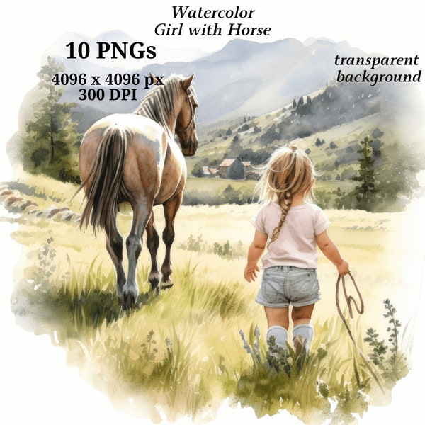 Girl & Horse Clipart, 10 High Quality PNGs transparent background, Digital Download, Card Making, Cute Animal Clipart, Digital Paper #1393