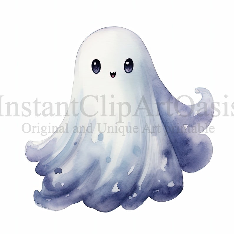 May include: A cute cartoon ghost with a white body and a blue and purple gradient for its flowing sheet. The ghost has big black eyes and a small smiling mouth.