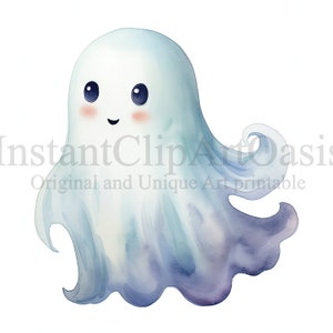 May include: A cute cartoon ghost with a blue and purple gradient, smiling with big eyes and rosy cheeks. The ghost is a watercolor illustration.