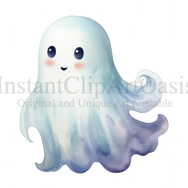 May include: A cute cartoon ghost with a blue and purple gradient, smiling with big eyes and rosy cheeks. The ghost is a watercolor illustration.