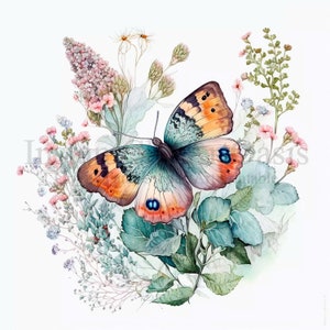 Flores mariposa Imágenes Prediseñadas, 10 JPG de alta calidad, arte de vivero / fabricación de tarjetas, Clip Art, arte de papel digital, acuarela de mariposa / #79