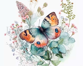 Flowers Butterfly Clipart, 10 High Quality JPGs, Nursery Art | Card Making, Clip Art, Digital Paper Craft, Butterfly Watercolour | #79
