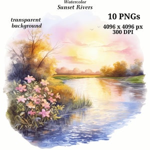 Sunset Rivers Clipart, 10 PNG di alta qualità, Arte dell'acquerello, Download digitale, Creazione di cartoline, Supporti misti, Creazioni con carta digitale / #1411